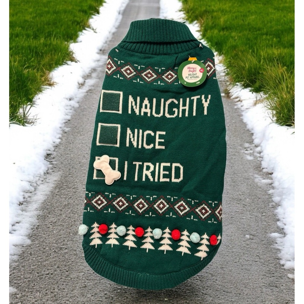 Naughty Nice I Tried Pet Dog "ugly" Green Fun Christmas Sweater Holidays Size XS